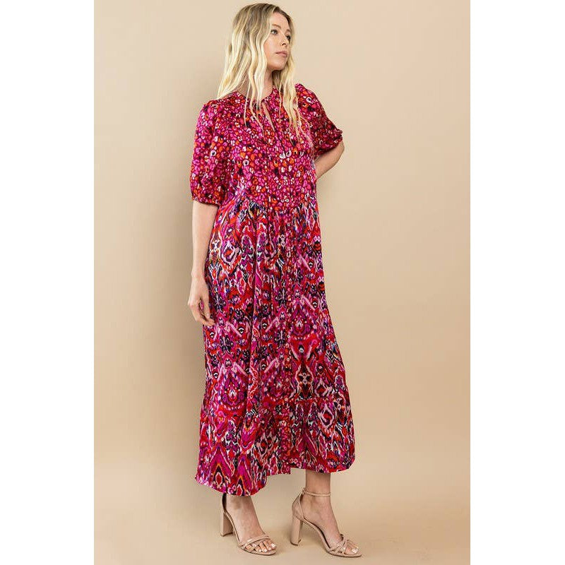 Printed Ruffle Hem Short Sleeve Midi Dress in Red [Size SM-L]