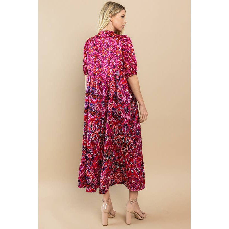 Printed Ruffle Hem Short Sleeve Midi Dress in Red [Size SM-L]