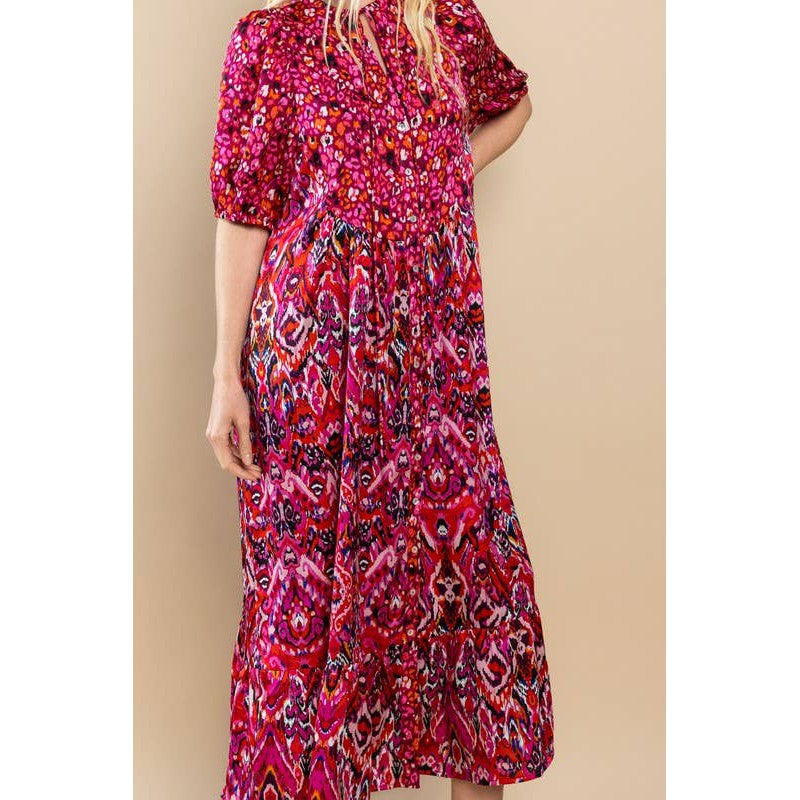 Printed Ruffle Hem Short Sleeve Midi Dress in Red [Size SM-L]