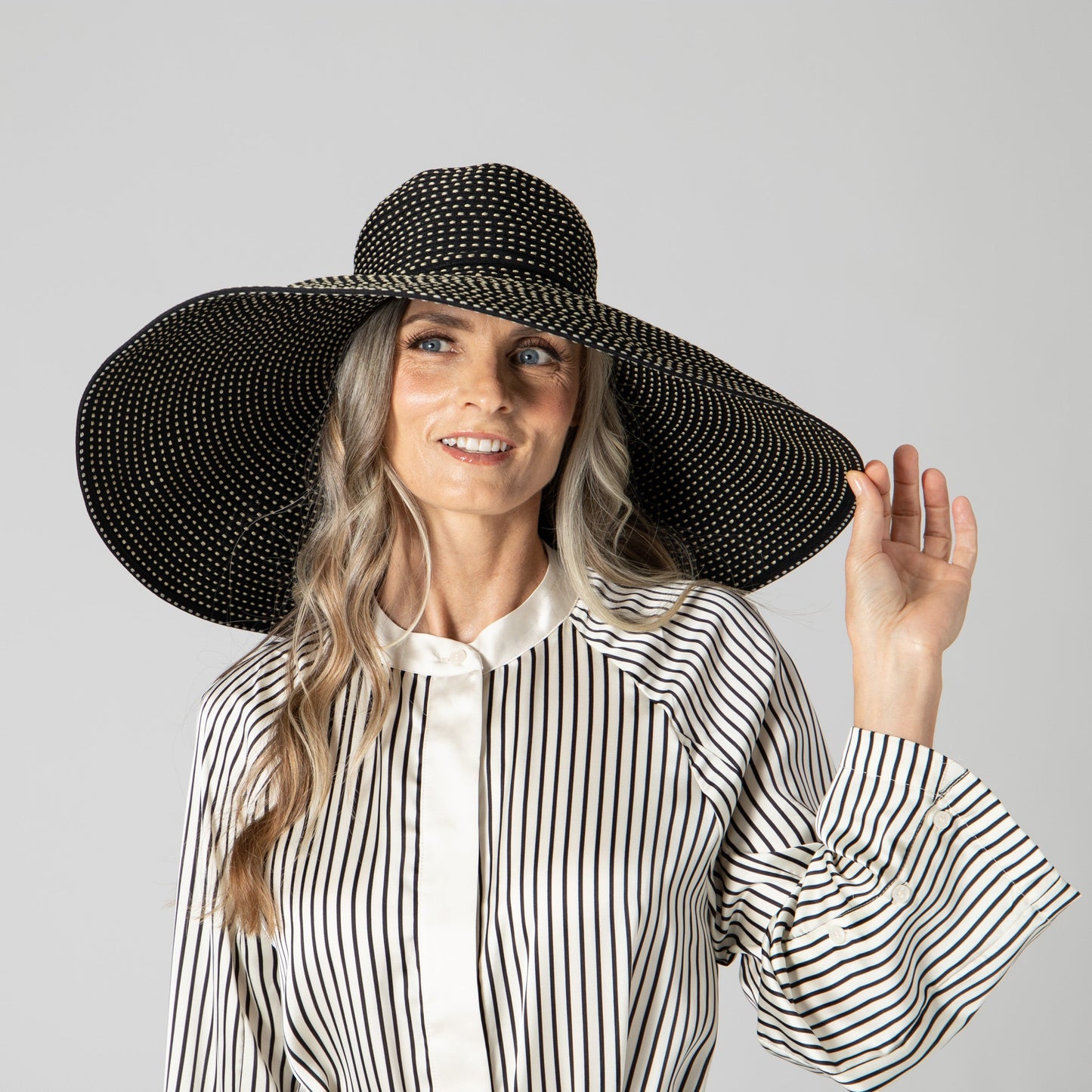 Women's Wide Brim Ribbon Floppy Hat with Ticking Fabric