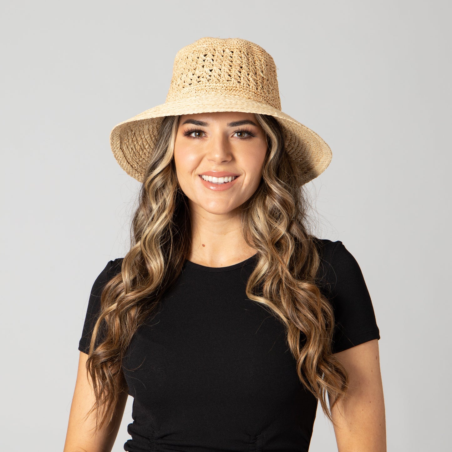 Women's Raffia Sun Hat with Hand Crochet Ventilated Crown
