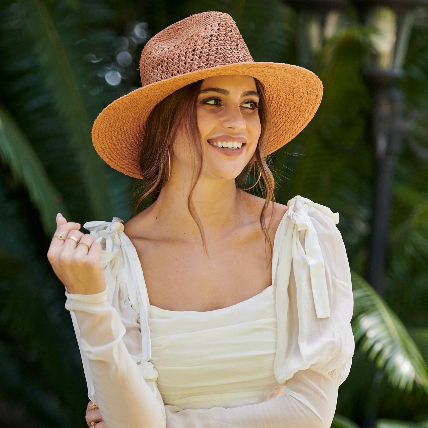 Women's Mixed Raffia Fedora w/ Hand Crochet Crown & Raffia Braid Brim - Rust
