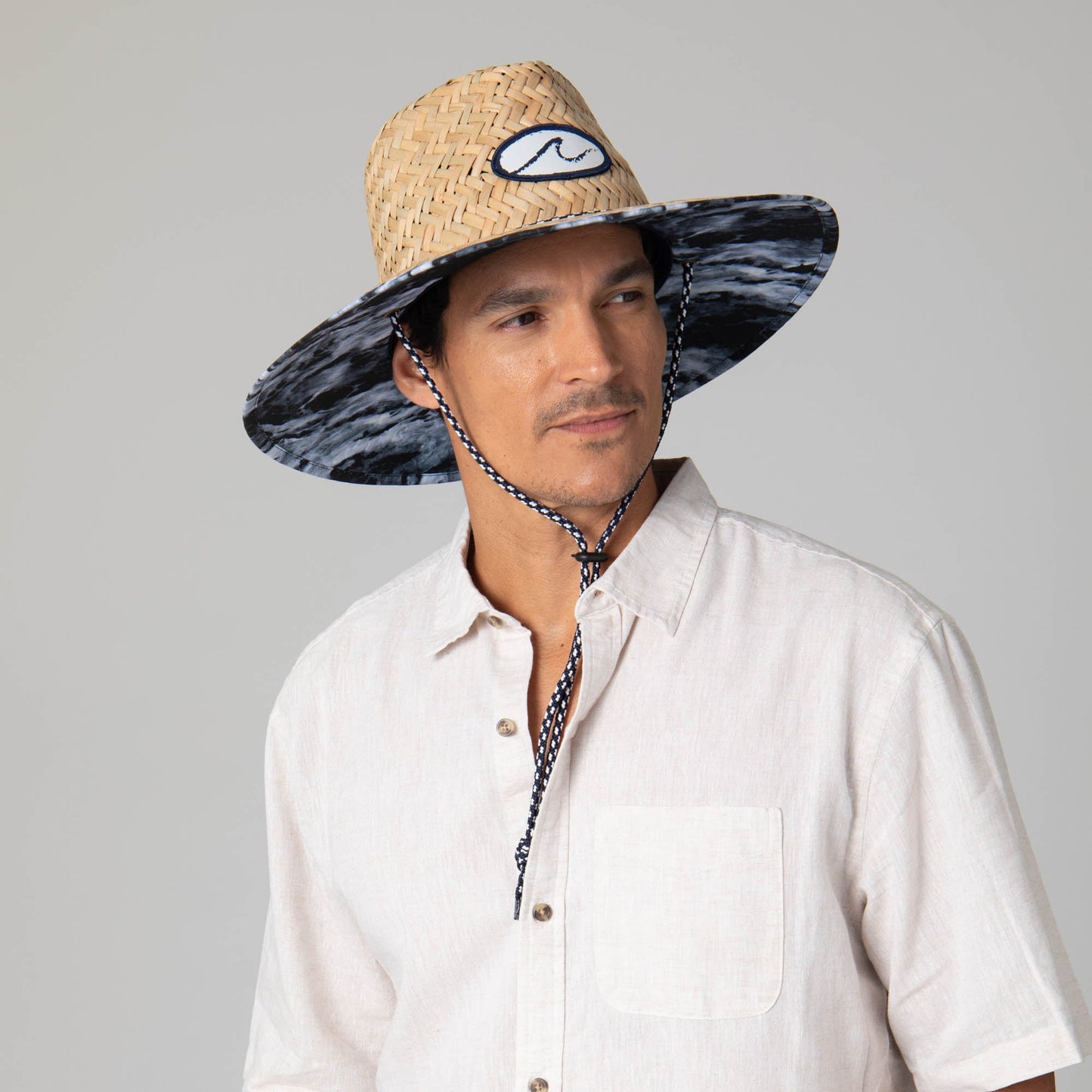 Mens Straw Lifeguard with Ocean Wave Under-brim