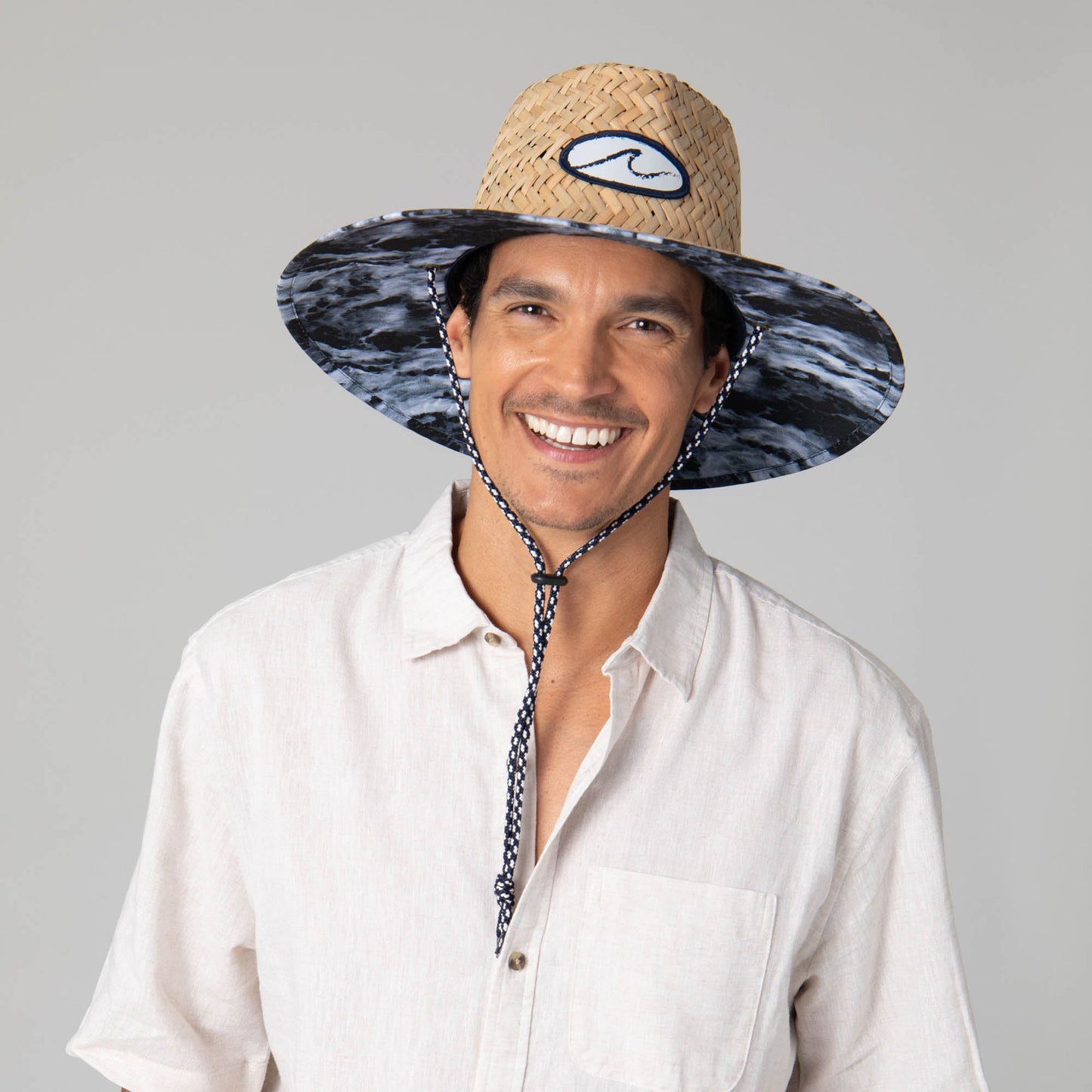 Mens Straw Lifeguard with Ocean Wave Under-brim