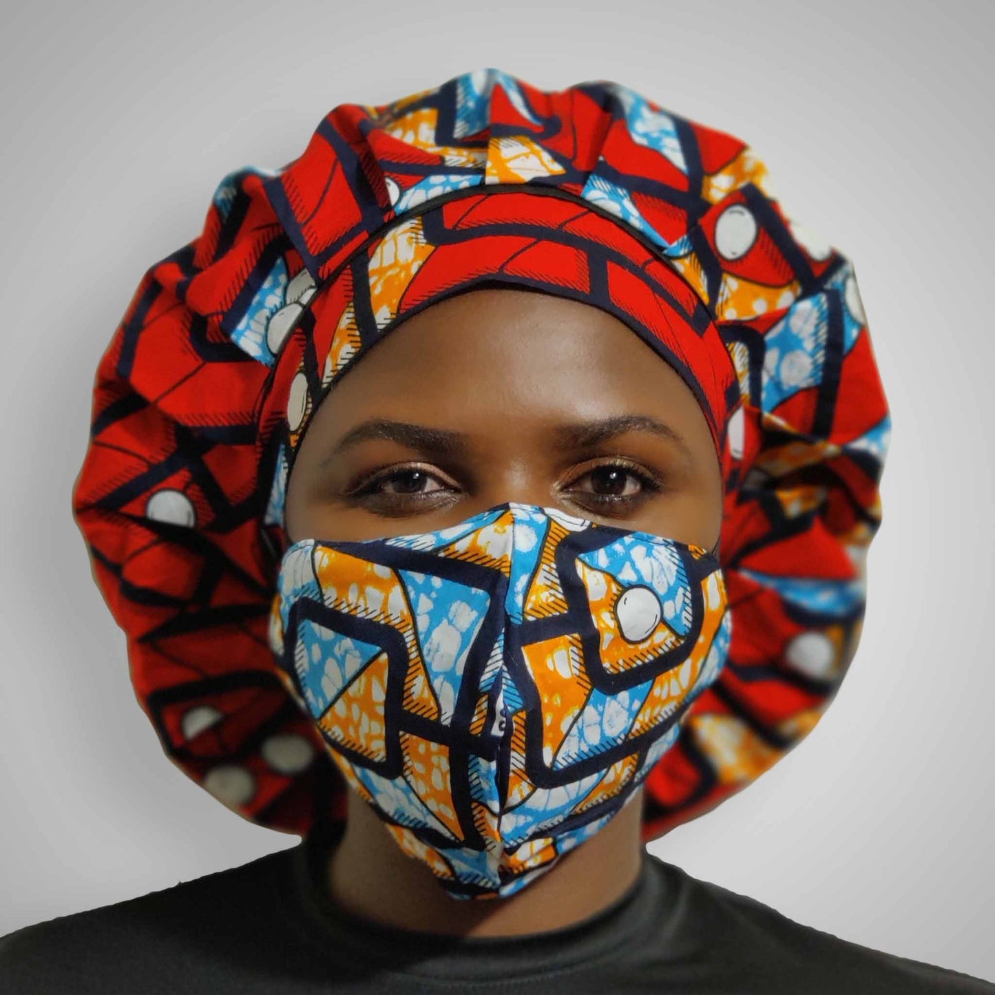 Kente Bonnet & Face Mask (Aqua Blue & Red)