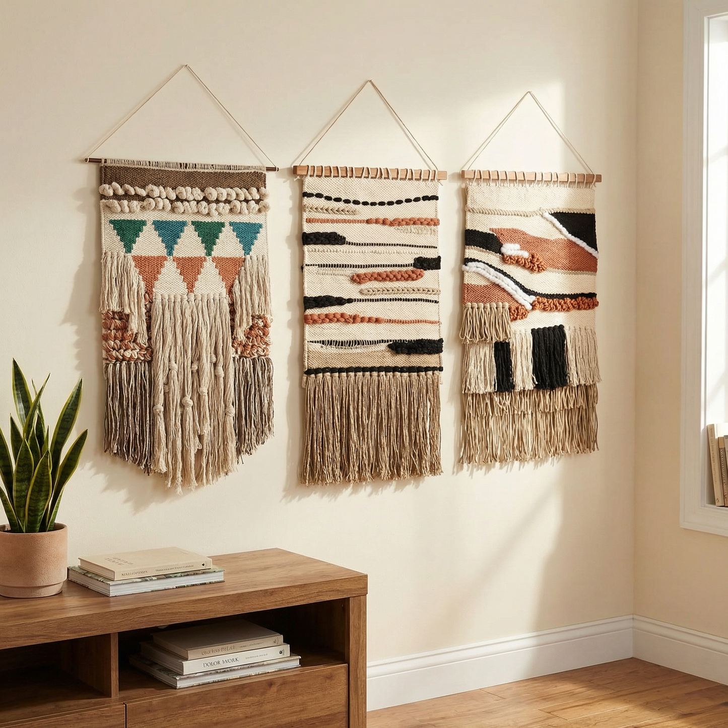 Bohemia Wall Hanging Decor | Boho Geometric Woven Textile with Layered Fringe & Copper Bar | 14" x 24"