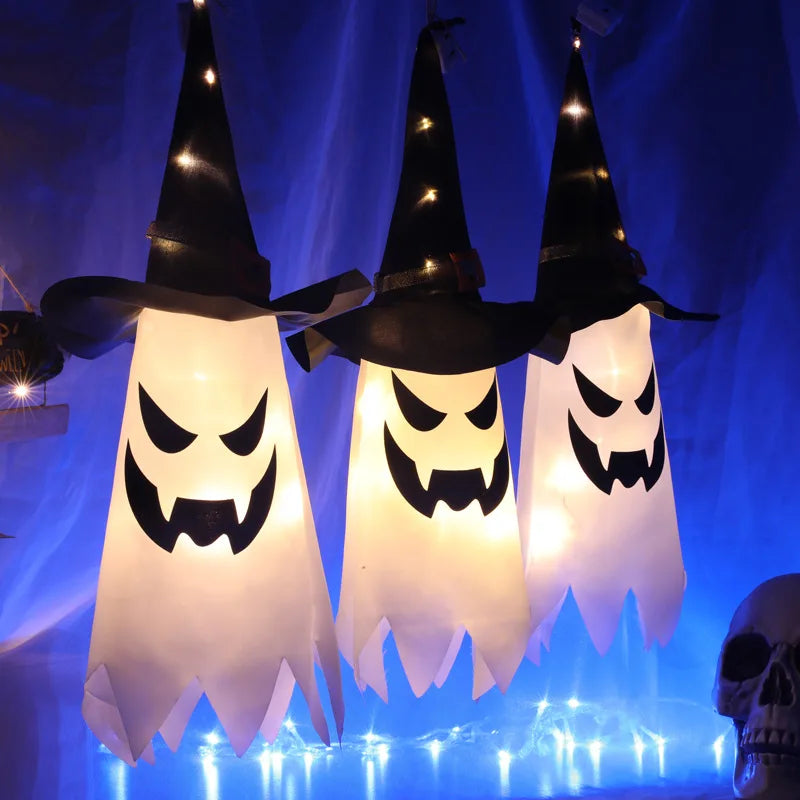1 Pcs Halloween Decoration Flashing Light Gypsophila Ghost Festival Dress Up Glowing Wizard Ghost Hat Lamp Decor Hanging Lantern