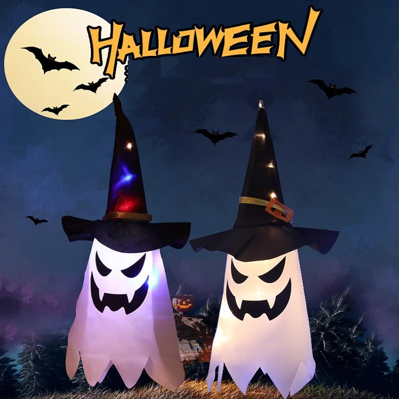 1 Pcs Halloween Decoration Flashing Light Gypsophila Ghost Festival Dress Up Glowing Wizard Ghost Hat Lamp Decor Hanging Lantern