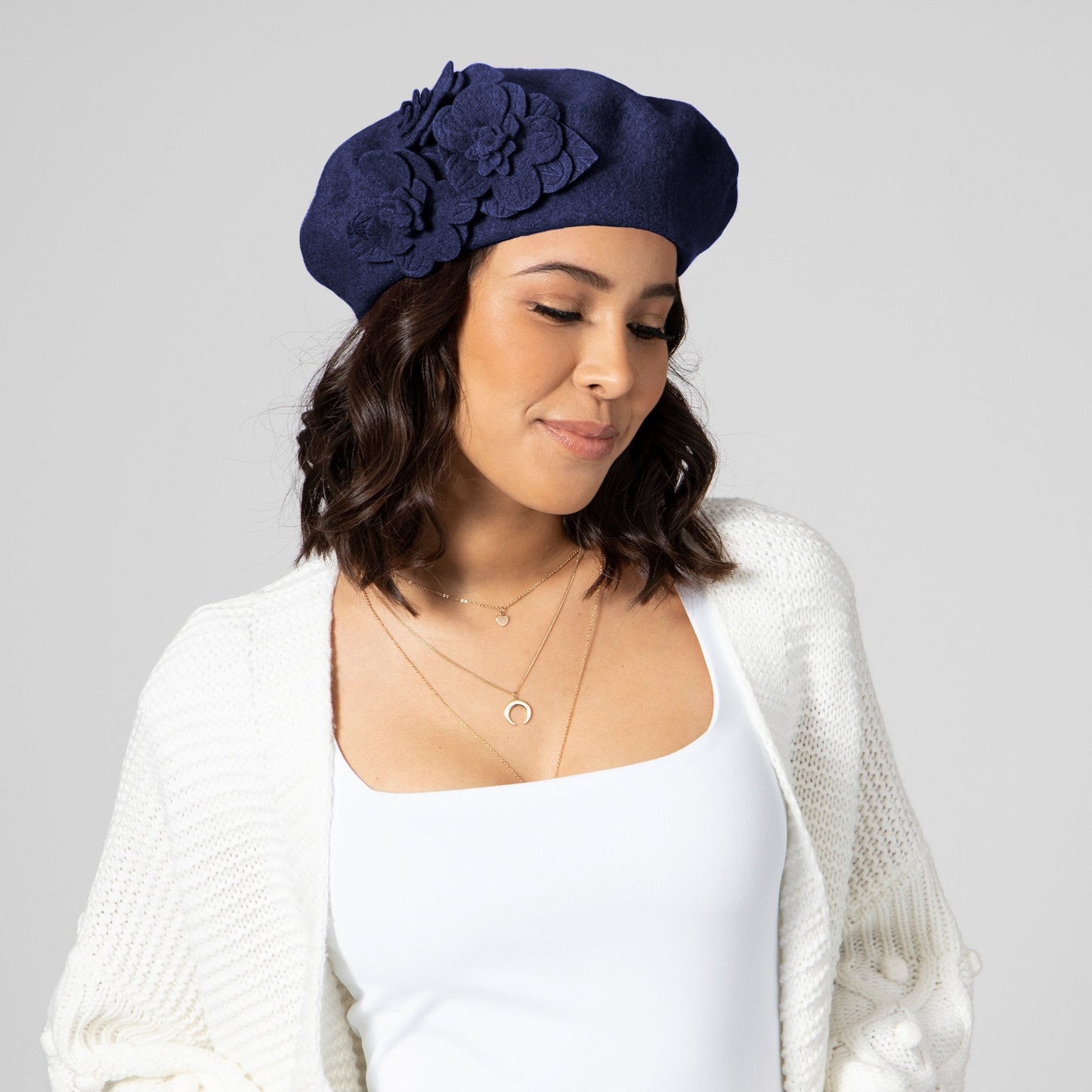 Womens Wool Beret With Flowers-One Size