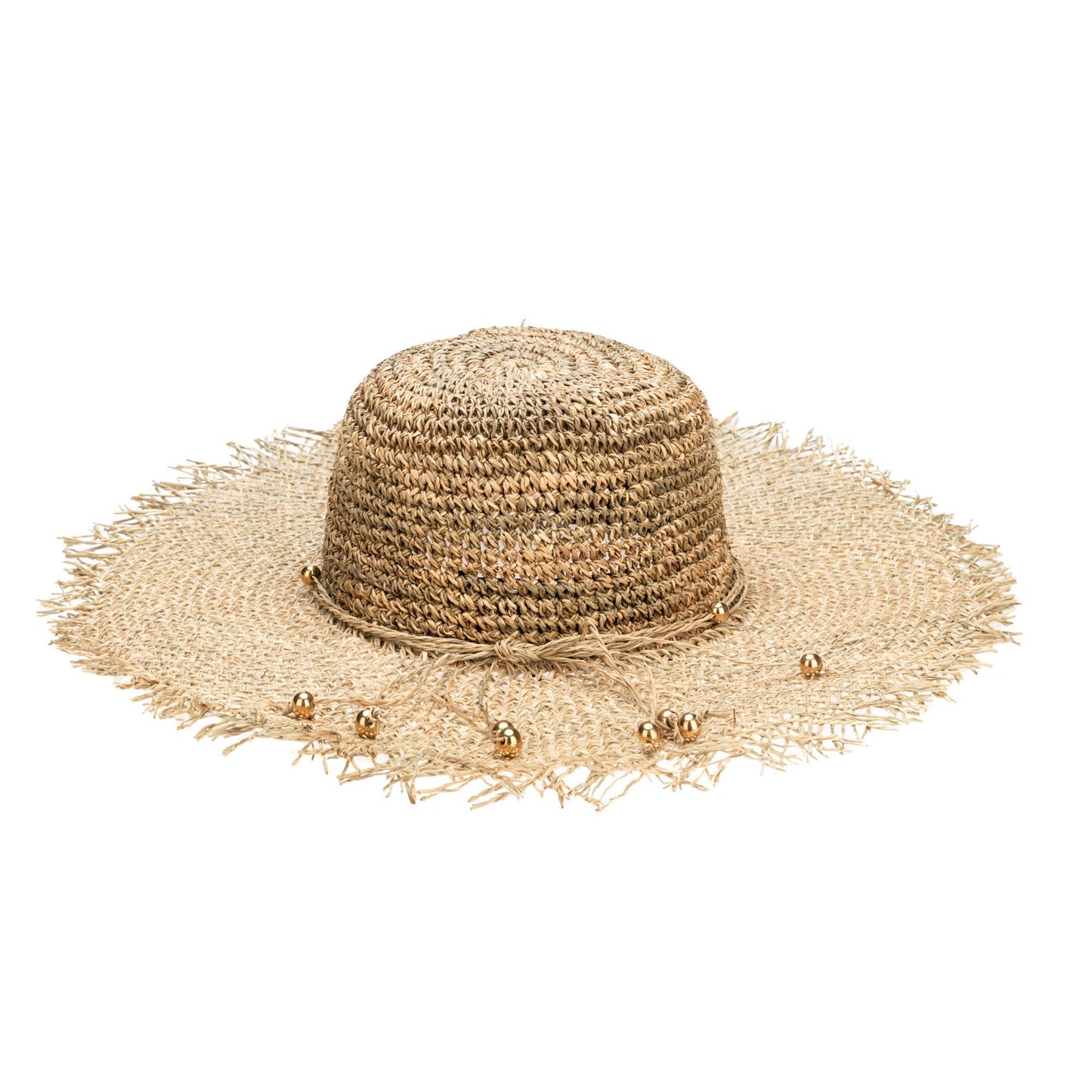 Runaway - Crochet Seagrass Crown with Open Weave Brim and Gold Beaded Trim