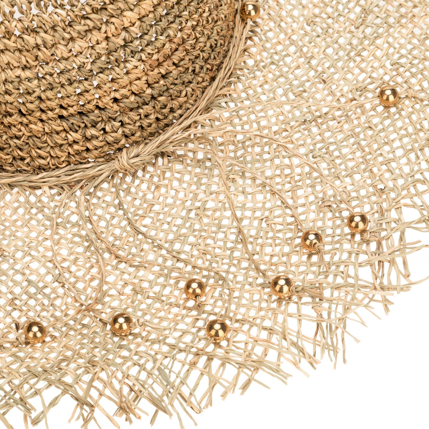 Runaway - Crochet Seagrass Crown with Open Weave Brim and Gold Beaded Trim