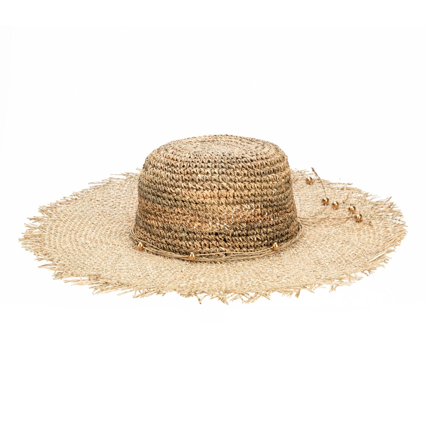Runaway - Crochet Seagrass Crown with Open Weave Brim and Gold Beaded Trim