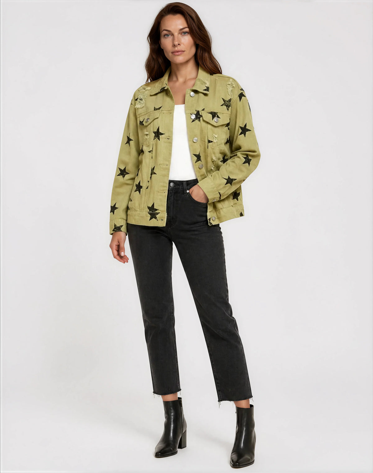Olive Star Distressed Denim Jacket