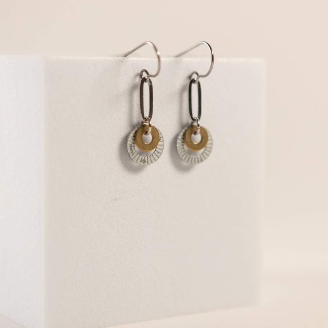 Rise Earrings | Repurposed Automotive Brass & Lock Washers | Stainless Steel Ear Wire