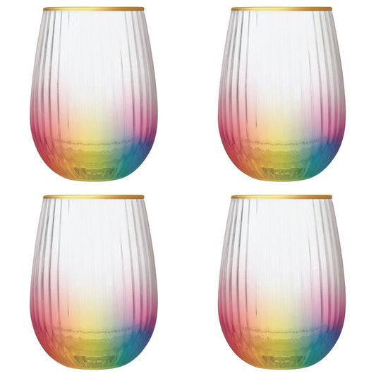 Set of 4 Rainbow Beveled Stemless Wine Glass | 19 oz.