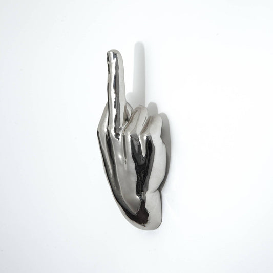 Silver Middle Finger Wall Mounted Hook | Modern Ceramic Statement Sculpture | 7" Tall