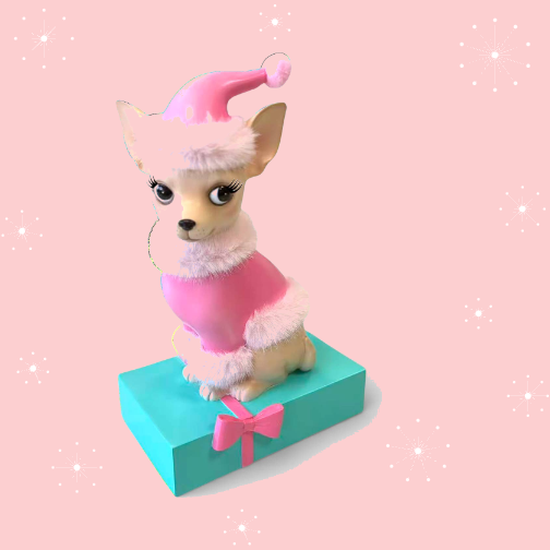 Sophie the Chiwee 11.5" Chihuahua in Pink Coat on Gift Box | Miss Fluff December Diamonds – SHIPS JULY