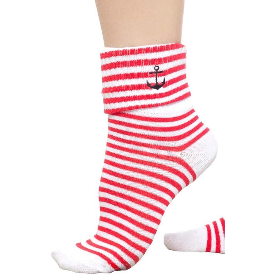Sourpuss Anchor Socks Set of Two | Nautical Red Striped & Black Ankle Socks Women’s Size 5-10