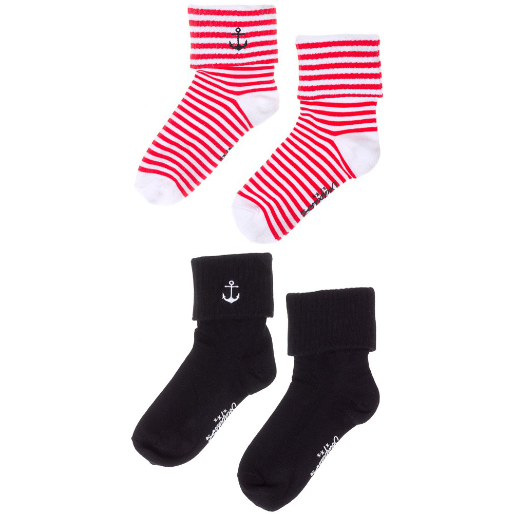 Sourpuss Anchor Socks Set of Two | Nautical Red Striped & Black Ankle Socks Women’s Size 5-10
