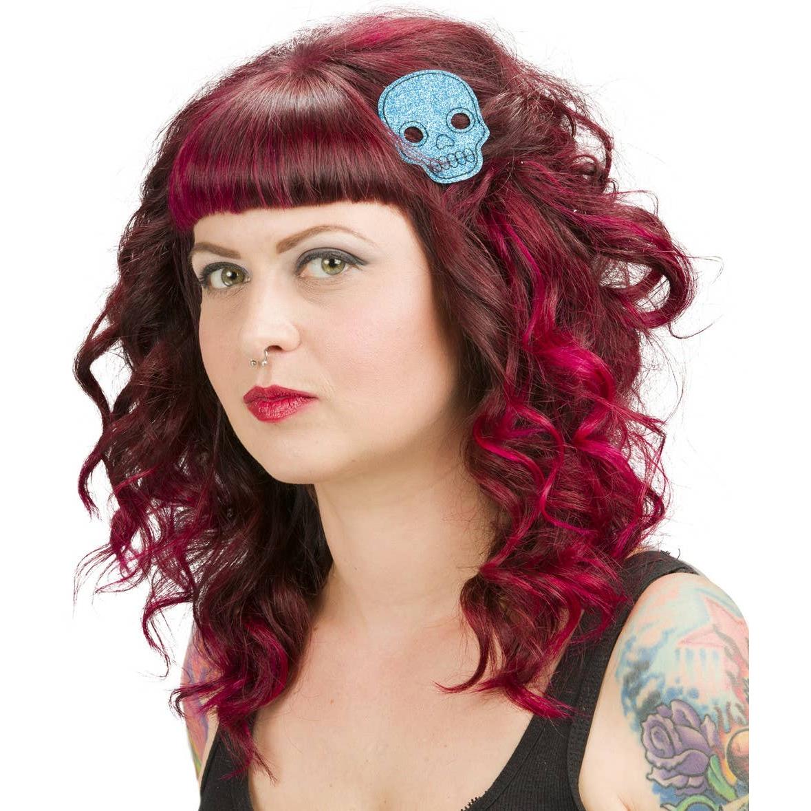 Sourpuss Aqua Blue Glitter Skull Hair Clips in Set of 2 | Gothic Hair Snap Clips