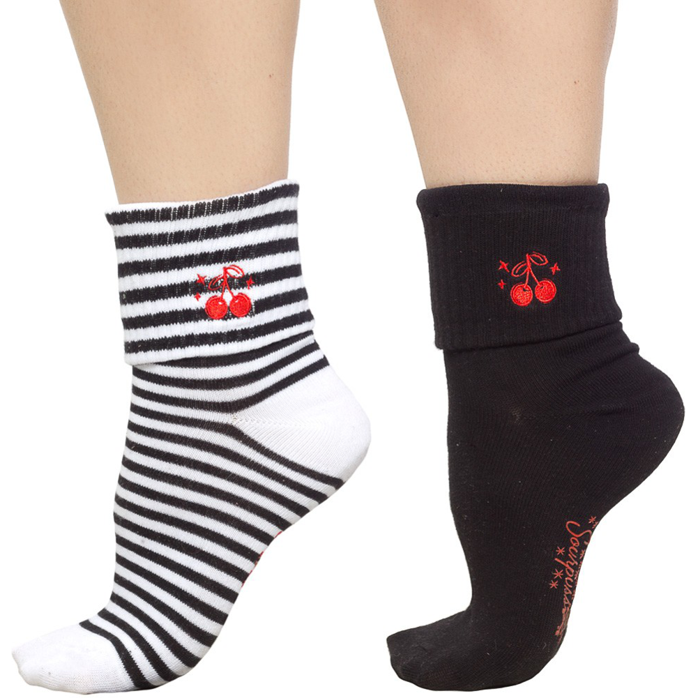 Sourpuss Cherries Socks in Set of Two | Women’s Black & White Striped and Solid Black Cherry Socks Size 5-10