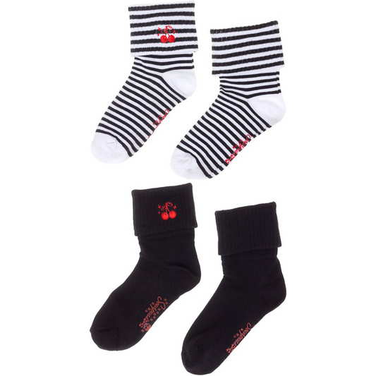Sourpuss Cherries Socks in Set of Two | Women’s Black & White Striped and Solid Black Cherry Socks Size 5-10