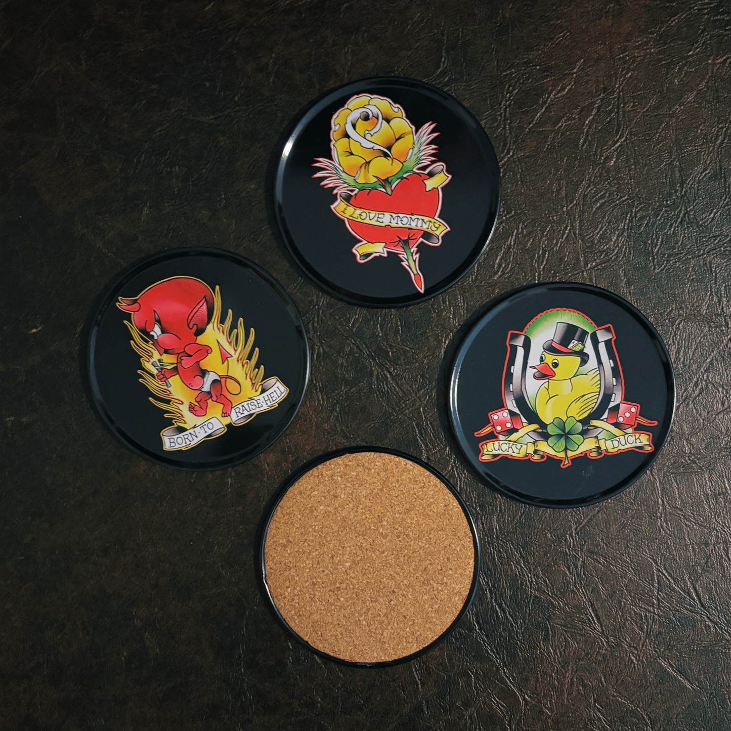 Sourpuss Coasters | Tattoo Flash Cartoon Set of Four | Metal & Cork Retro Round Drinkware with Tin
