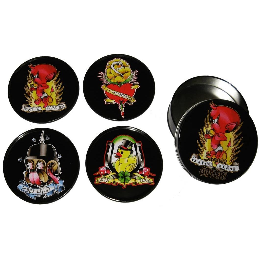 Sourpuss Coasters | Tattoo Flash Cartoon Set of Four | Metal & Cork Retro Round Drinkware with Tin