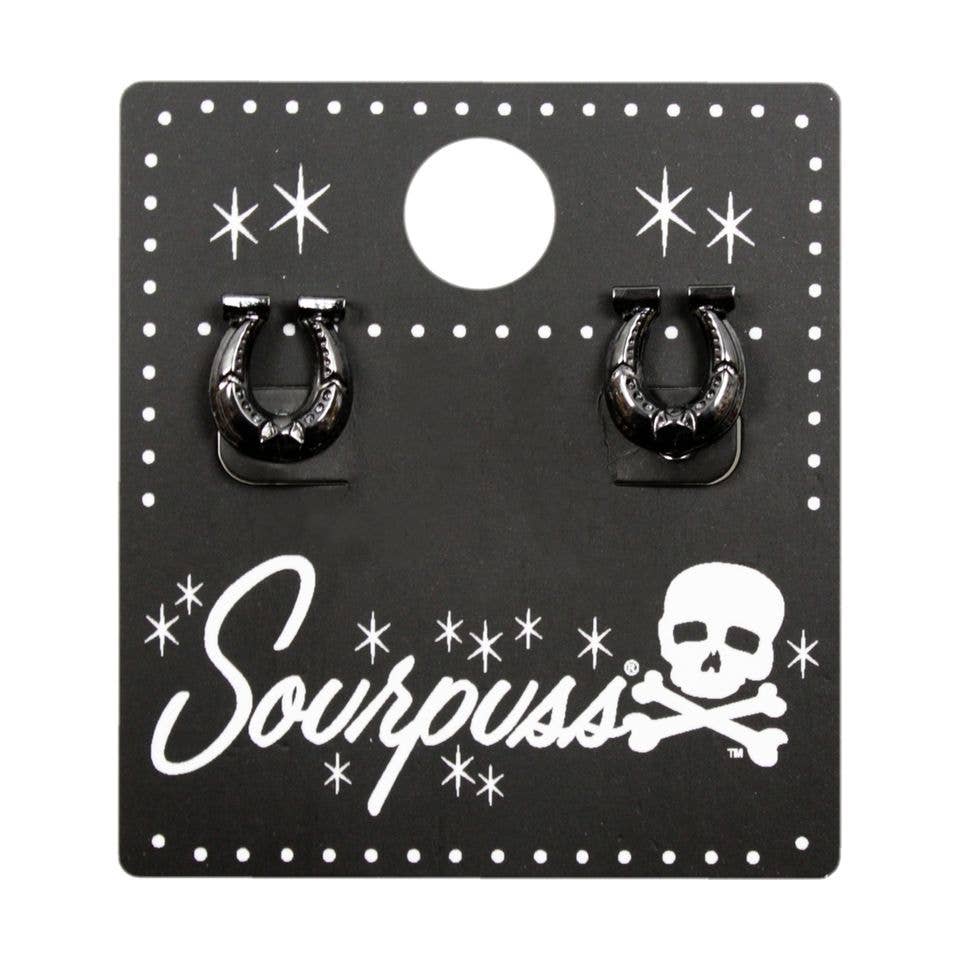 Sourpuss Earrings | Horseshoe Studs Black Gunmetal | Rockabilly Lucky Charm Jewelry