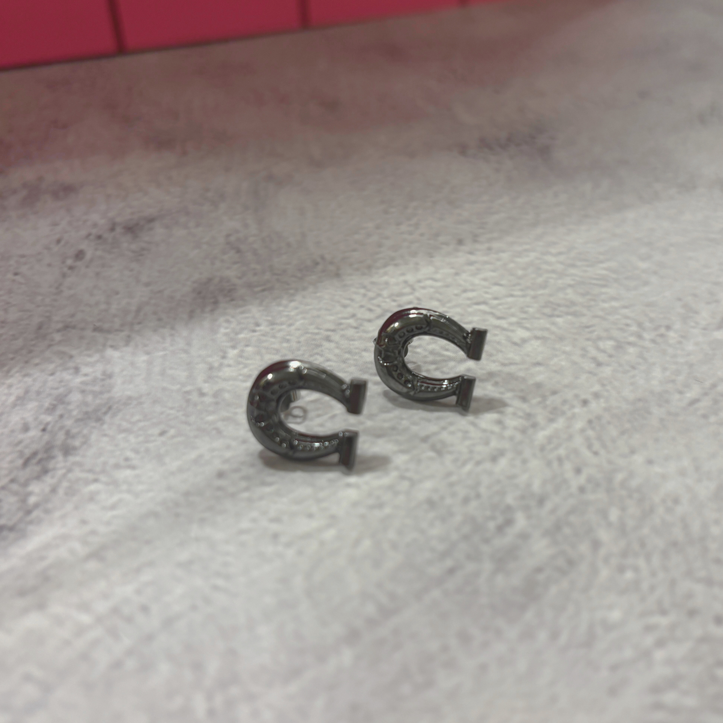 Sourpuss Earrings | Horseshoe Studs Black Gunmetal | Rockabilly Lucky Charm Jewelry