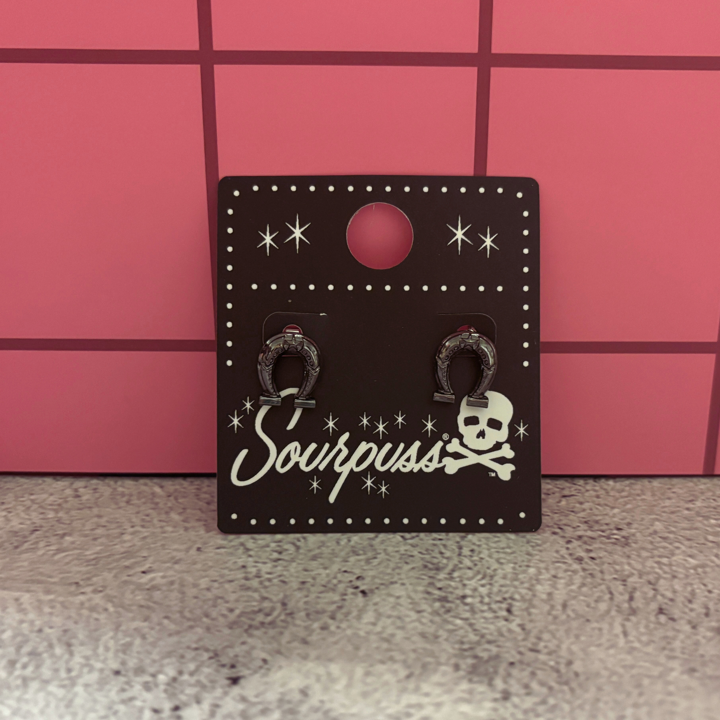 Sourpuss Earrings | Horseshoe Studs Black Gunmetal | Rockabilly Lucky Charm Jewelry