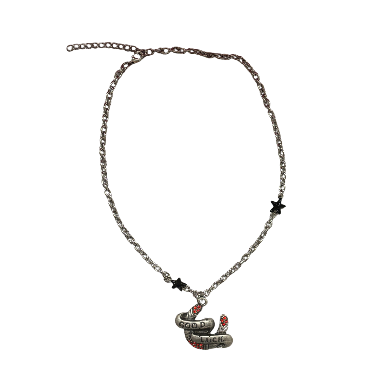 Sourpuss "Good Luck” Horseshoe Necklace with Red Rhinestones & Black Star Charms