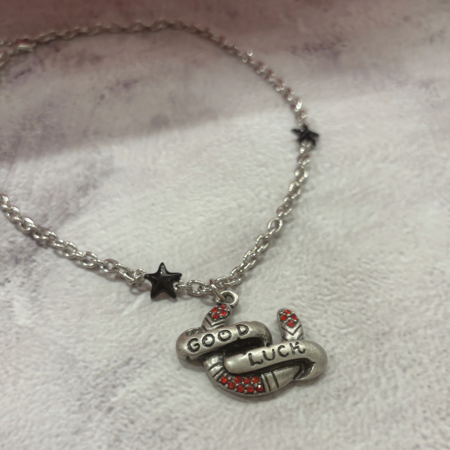 Sourpuss "Good Luck” Horseshoe Necklace with Red Rhinestones & Black Star Charms