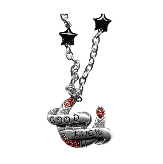 Sourpuss "Good Luck” Horseshoe Necklace with Red Rhinestones & Black Star Charms
