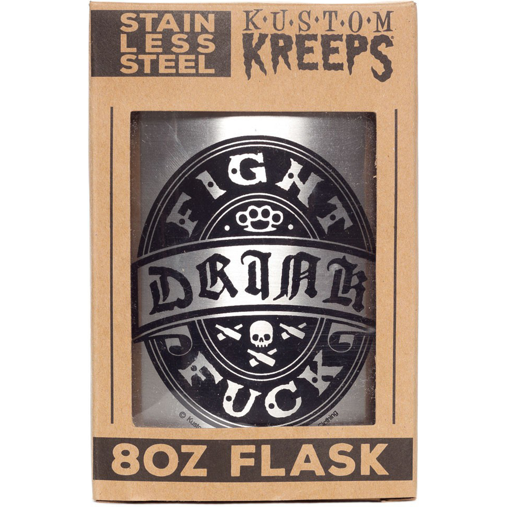 Sourpuss Kustom Kreeps Flask | Drink Fight Fuck Stainless Steel Hip Flask | Rockabilly Barware | Punk Gift
