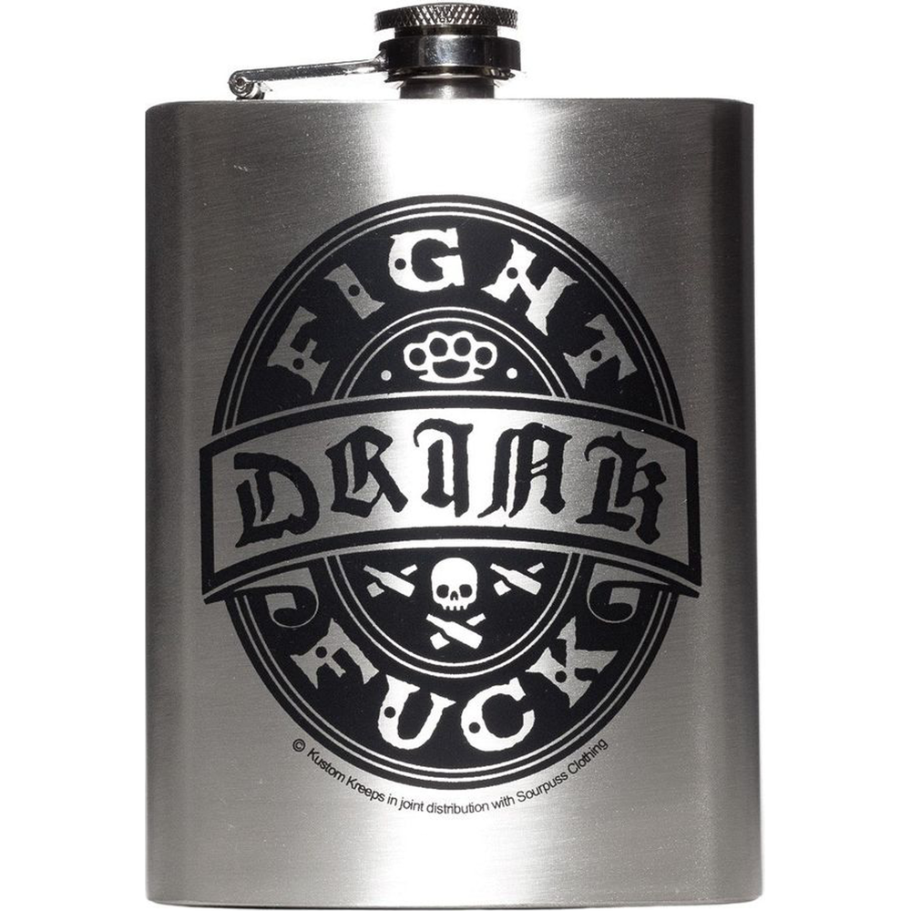 Sourpuss Kustom Kreeps Flask | Drink Fight Fuck Stainless Steel Hip Flask | Rockabilly Barware | Punk Gift