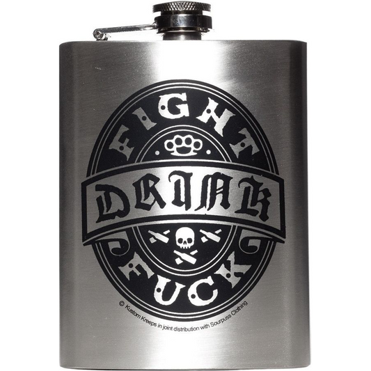 Sourpuss Kustom Kreeps Flask | Drink Fight Fuck Stainless Steel Hip Flask | Rockabilly Barware | Punk Gift