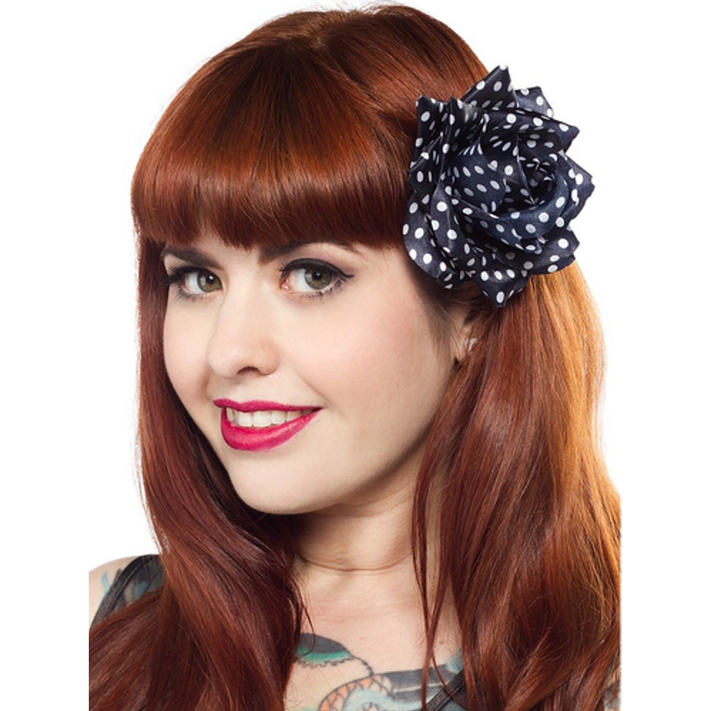 Sourpuss Navy Blue White Polka Dot Rose Hair Clip | Retro Pin-Up Rockabilly Hair Accessory