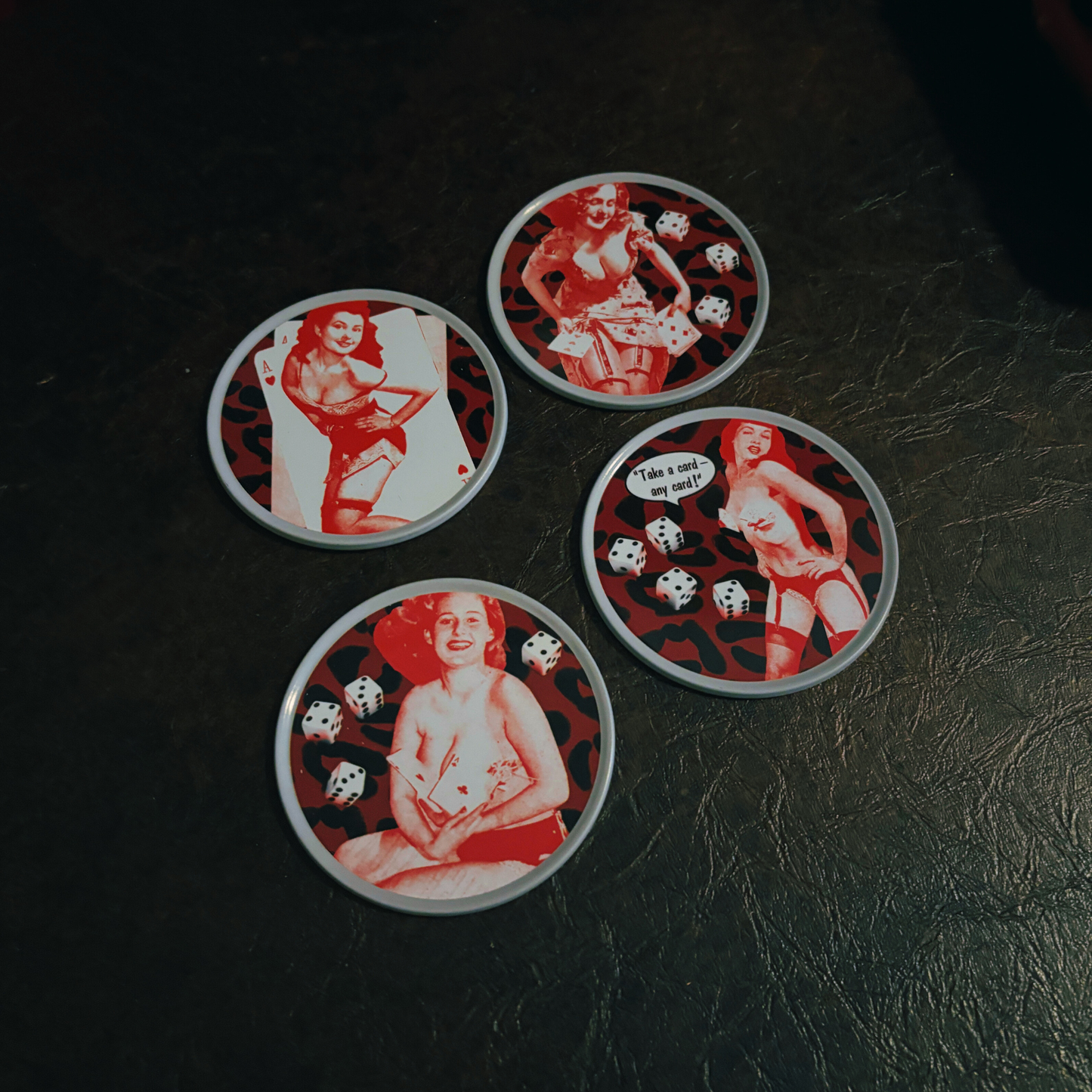 Sourpuss Nudie Coasters | Rockabilly Pin-Up Girls Set of Four | Metal & Cork Retro Drinkware with Storage Tin