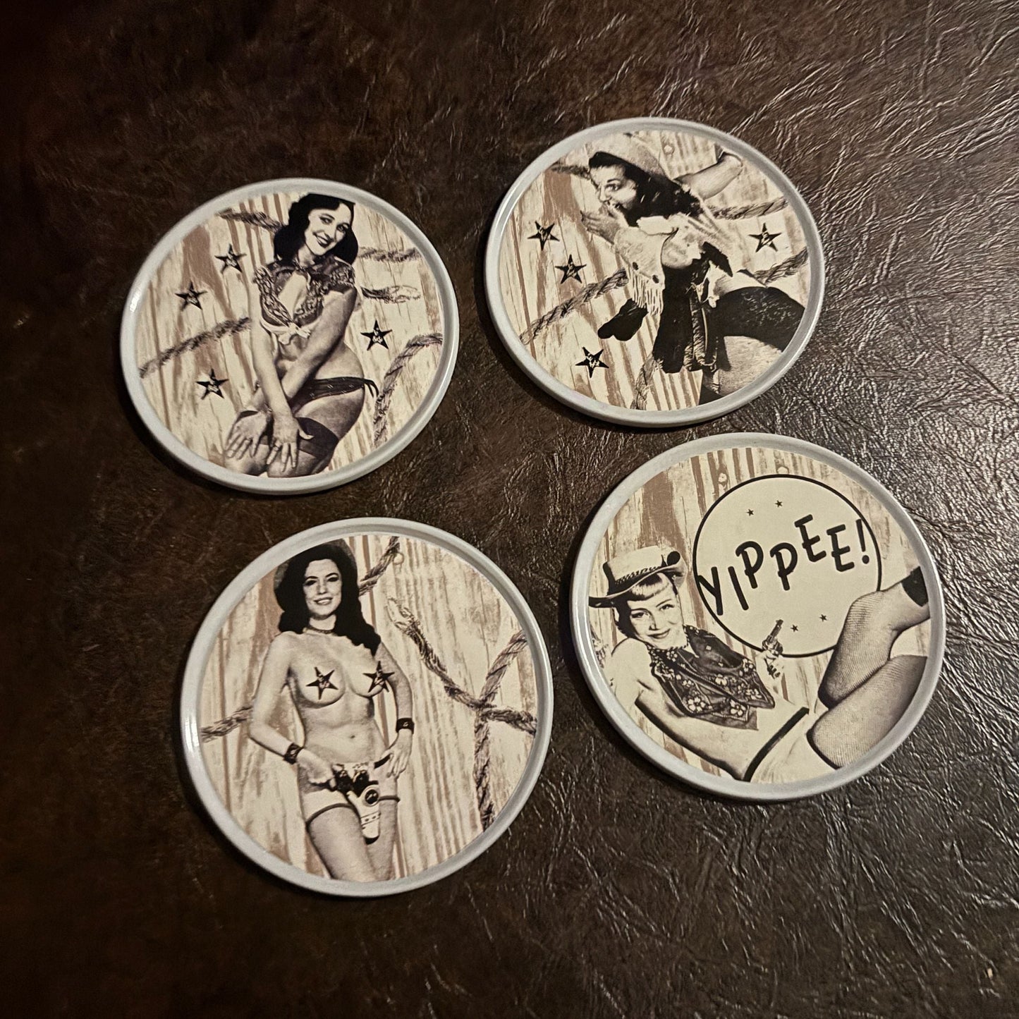 Sourpuss Nudie Coasters | Western Pin-Up Girls Set of Four | Metal & Cork Retro Round Drinkware with Tin