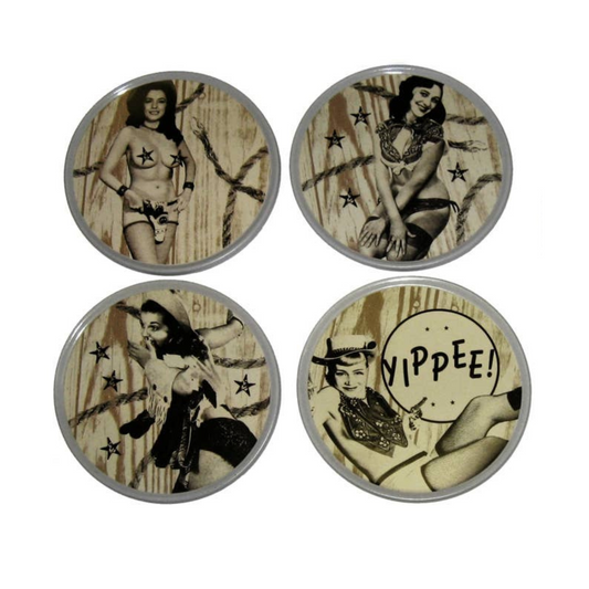 Sourpuss Nudie Coasters | Western Pin-Up Girls Set of Four | Metal & Cork Retro Round Drinkware with Tin