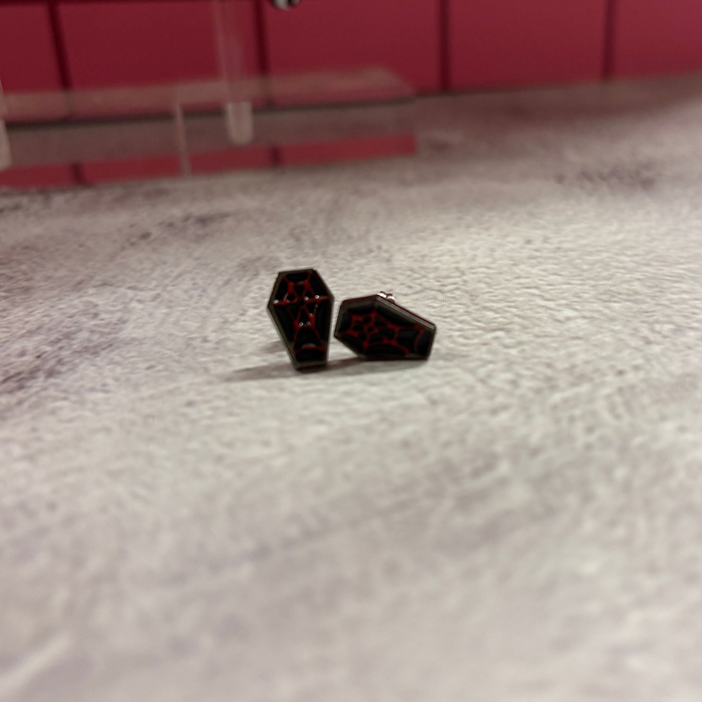 Sourpuss Red & Black Coffin Earrings | Gothic Studs Alternative Jewelry | Spooky Fashion Accessories