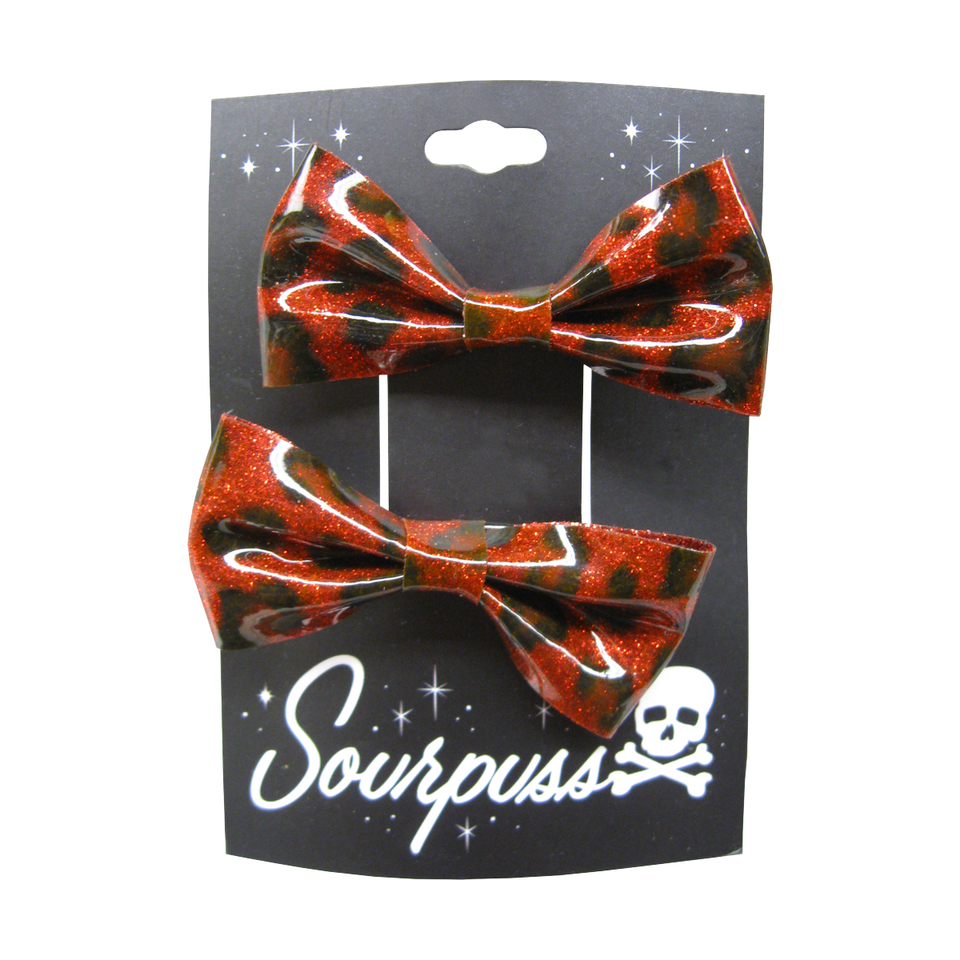 Sourpuss Red Leopard Glitter Hair Bows Set of 2 | Retro Rockabilly Pin-Up Hair Clips