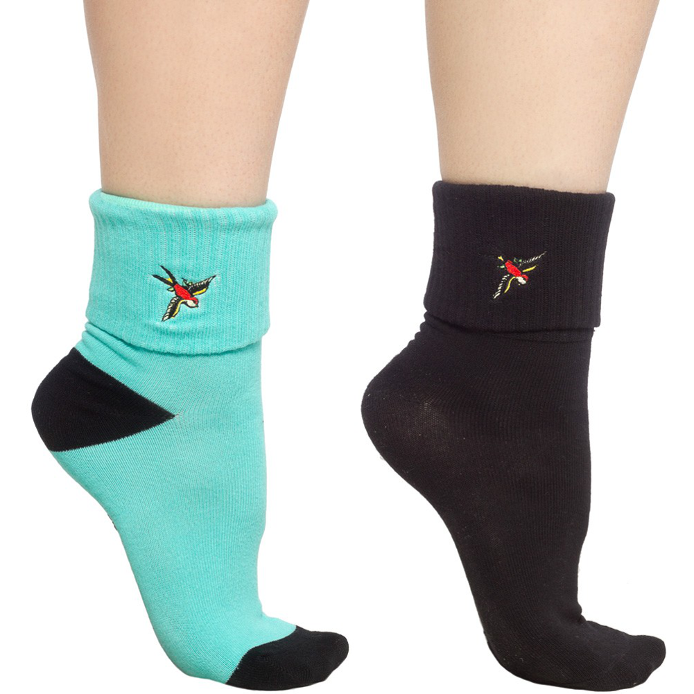 Sourpuss Sparrow Socks in Set of Two | Teal & Black Cuffed Novelty Socks Women Size 5-10