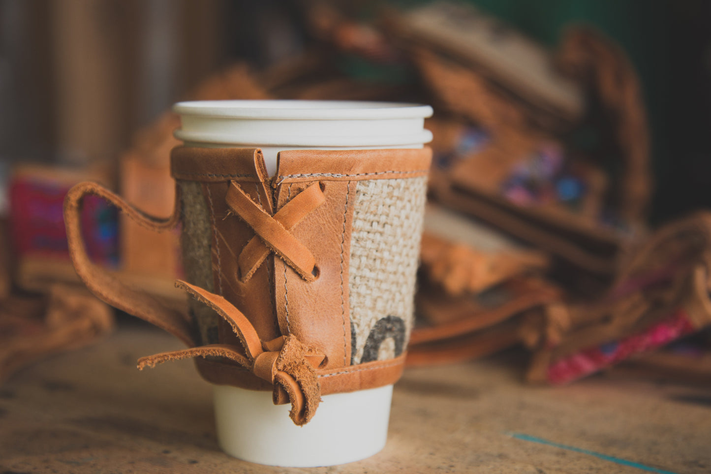 Coffee Sleeve - Tan Pink and Blue