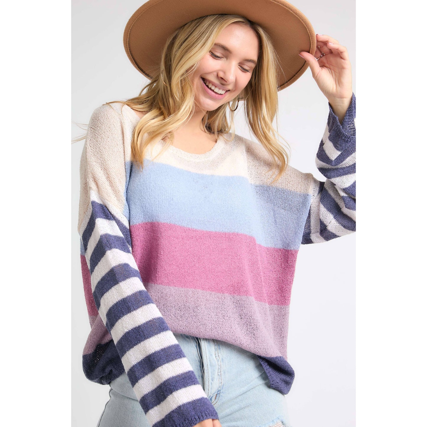 Stripe Comfy Sweater Top in Lavender Multicolor | Round Neck Knit Sweater [Sizes SM-L]