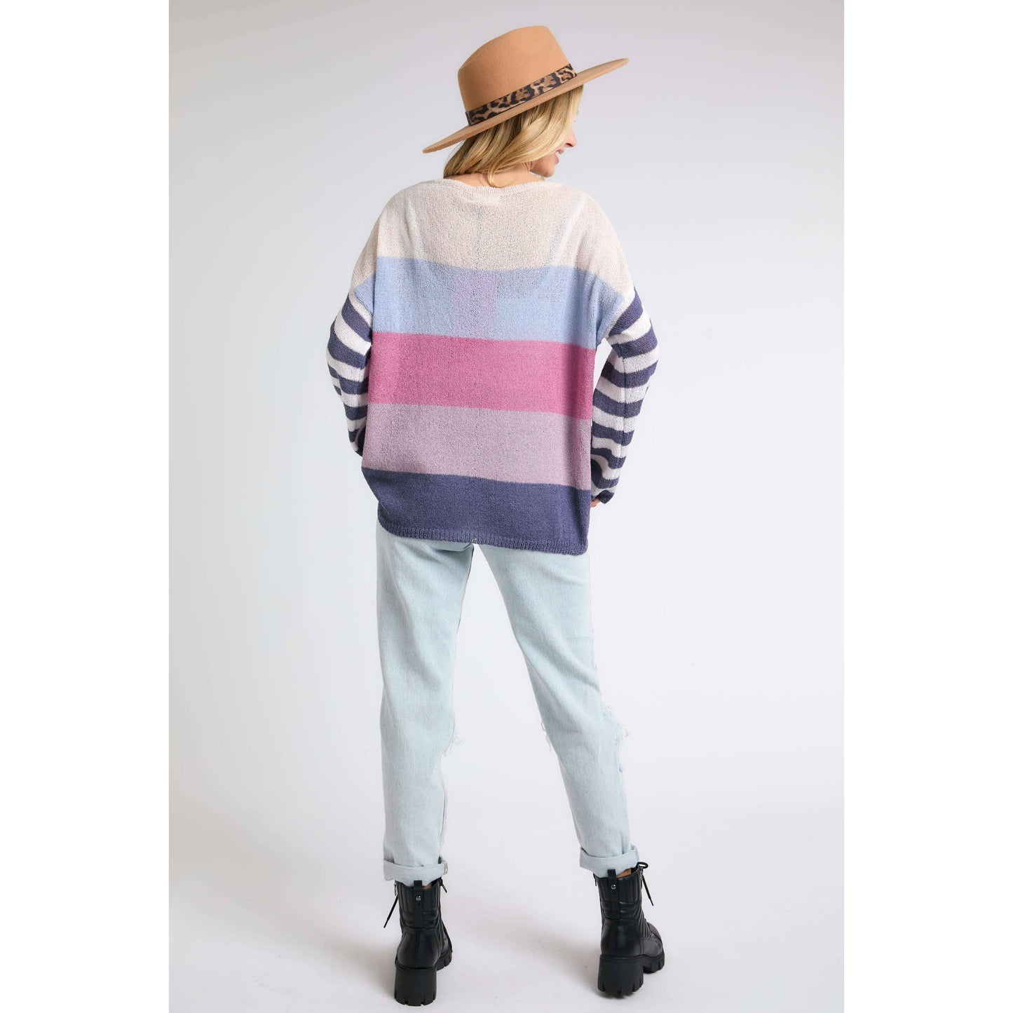 Stripe Comfy Sweater Top in Lavender Multicolor | Round Neck Knit Sweater [Sizes SM-L]