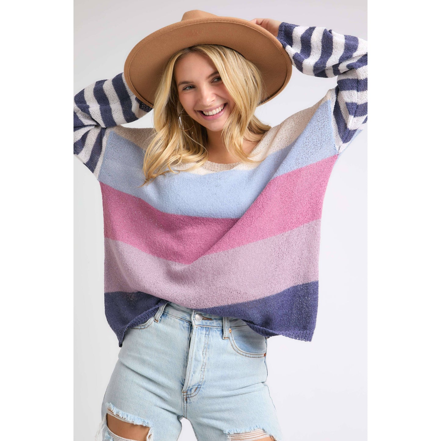 Stripe Comfy Sweater Top in Lavender Multicolor | Round Neck Knit Sweater [Sizes SM-L]