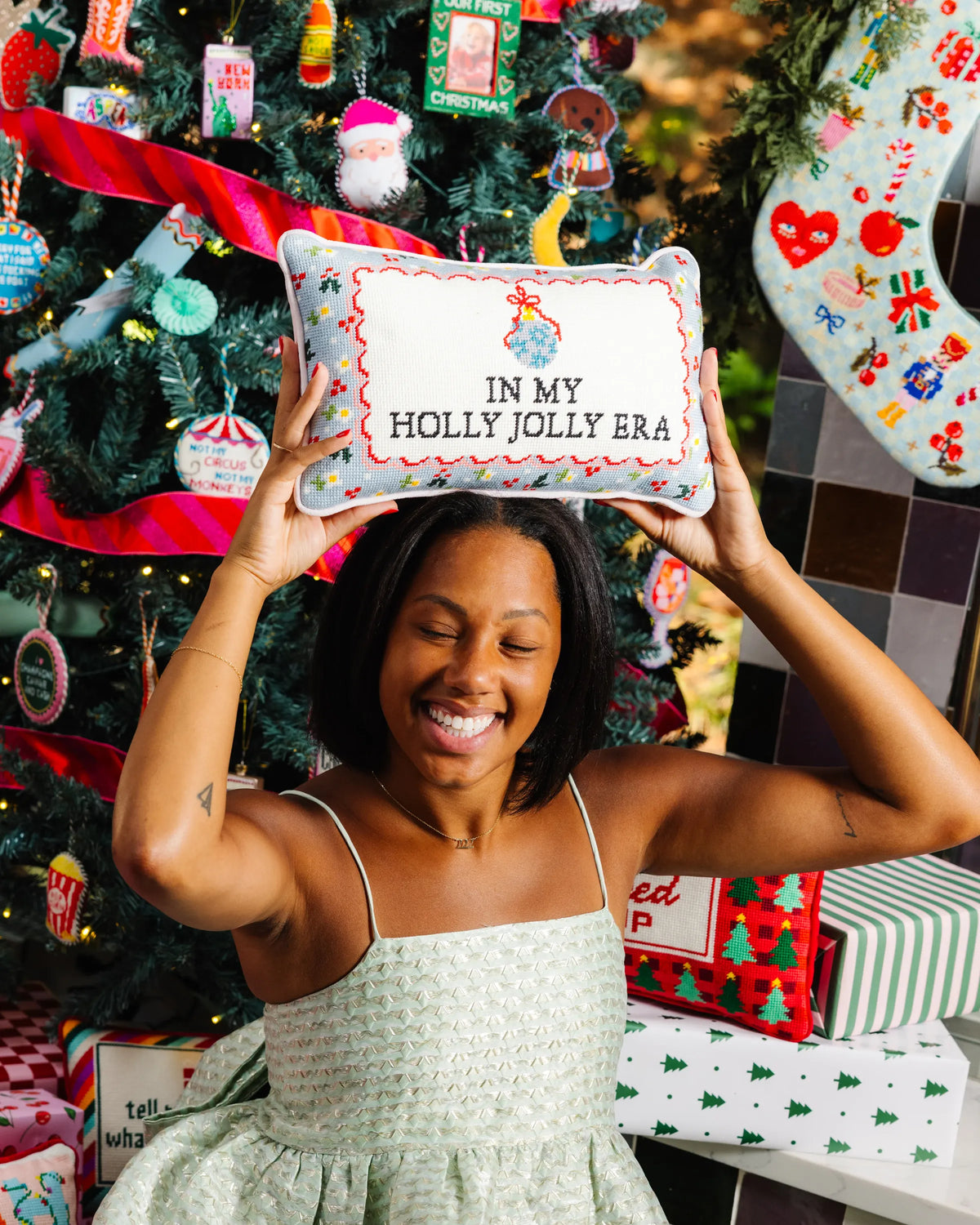 Holly Jolly Era Needlepoint Pillow