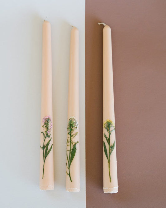 Floral Inlaid Tapered Candle in Cream - Set of 3